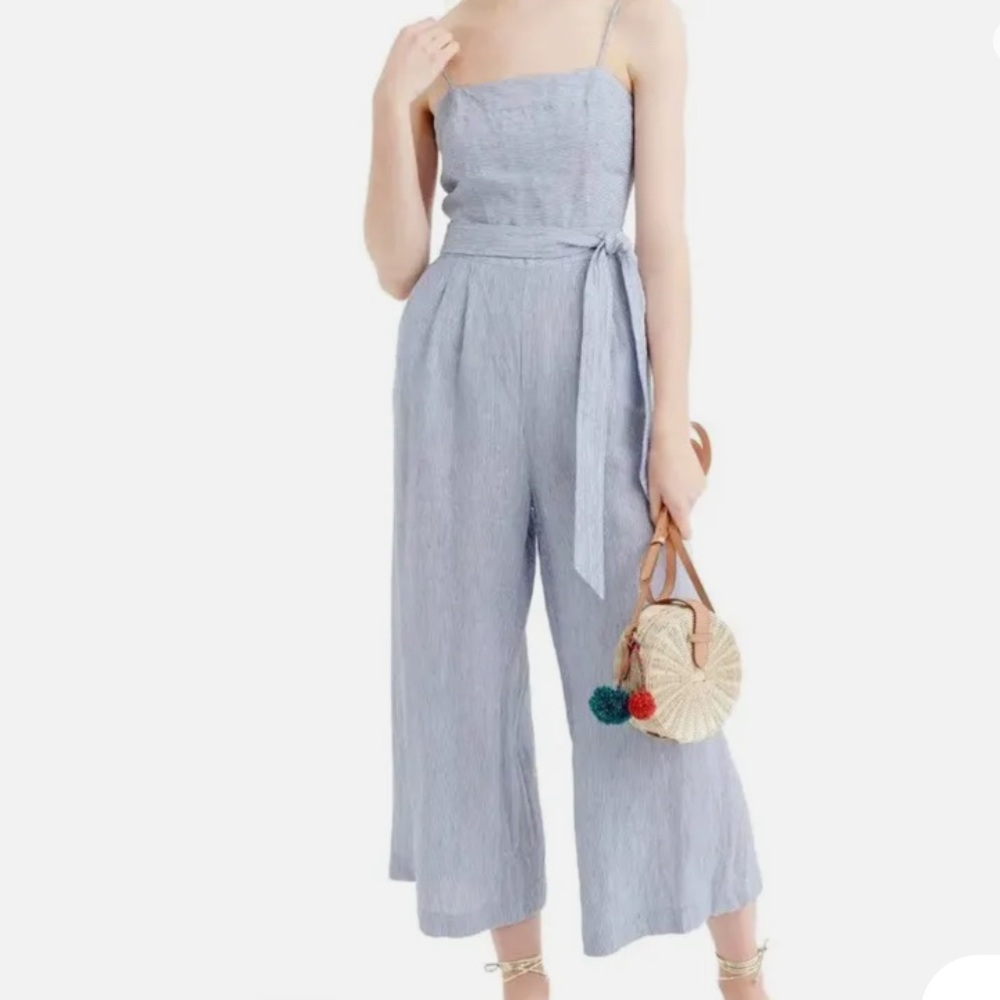 J. Crew Linen Jumpsuit in White and Light Blue